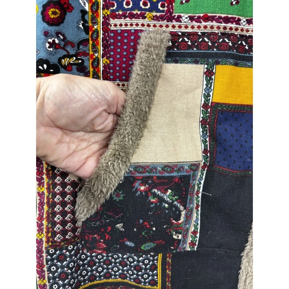 Vintage‎ Patchwork Sherpa Coat XL Oversized Hooded Boho Cozy Lined Jacket - Picture 6 of 8